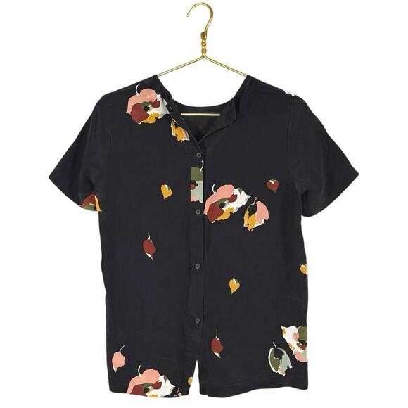 Madewell Silk Floral Abstract Artsy Top | Short Sleeve Blouse Black | XS - Picture 11 of 11